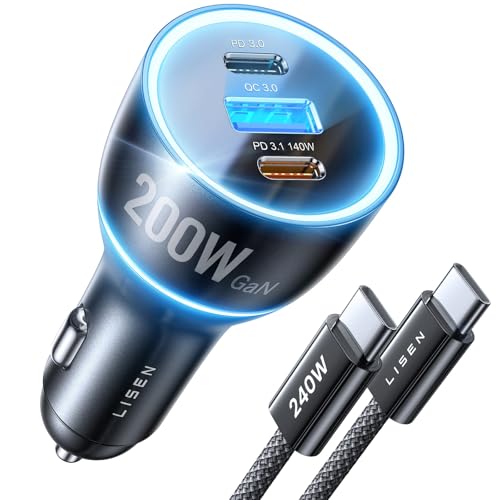 LISEN 200W GaN USB-C Fast Car Charger with 140W PD