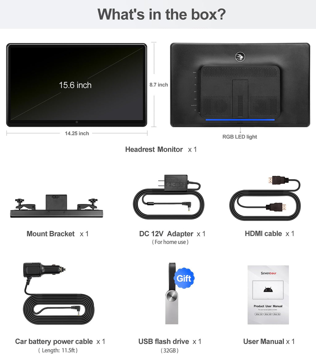 15.6-Inch 4K Android 13 Headrest Monitor with WiFi & HDMI