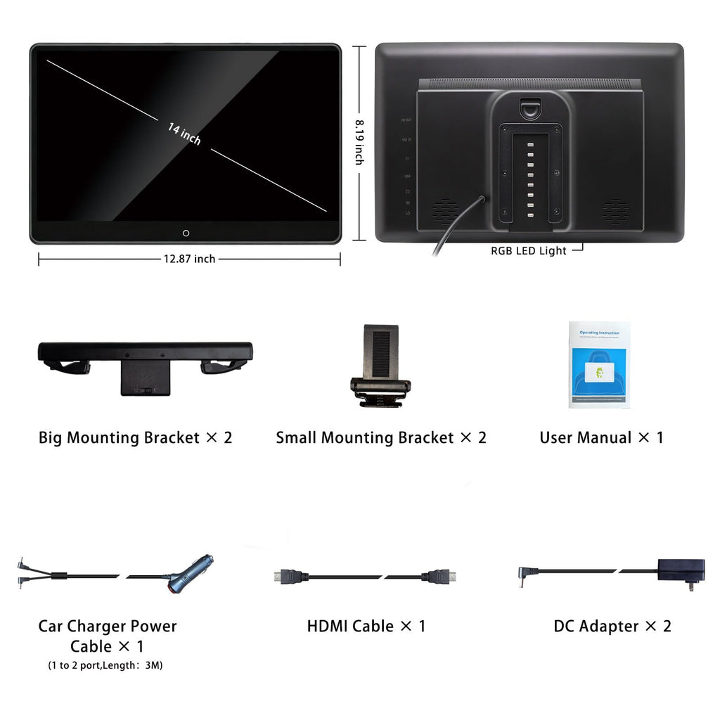 14-Inch 4K Android Headrest Entertainment Monitors 2-Pack