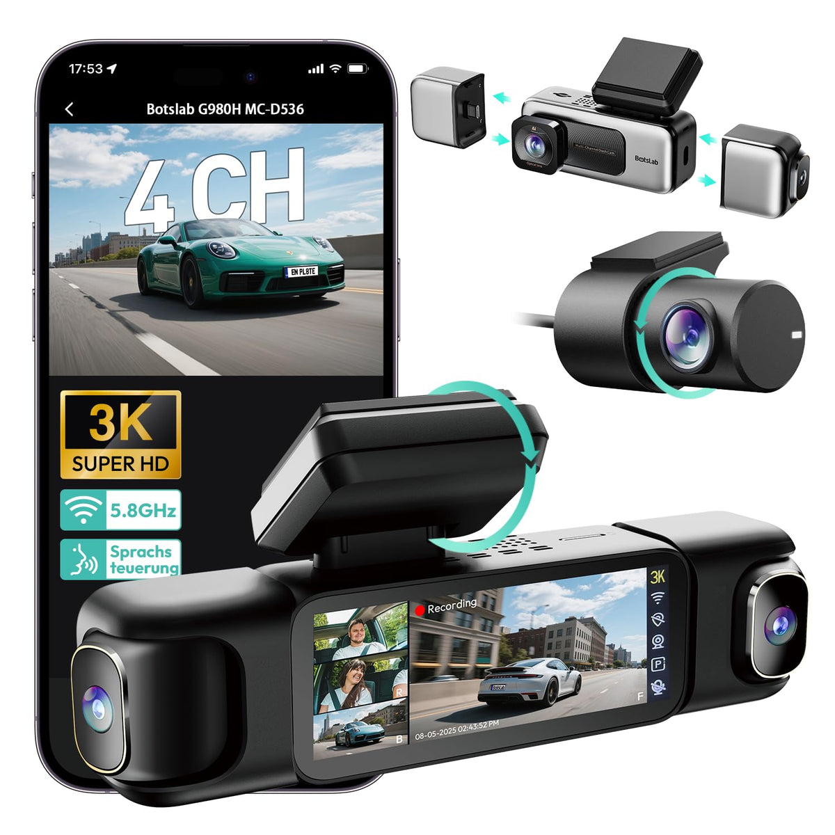 BOTSLAB G980H 4-Channel 360° Dash Cam with GPS & WiFi