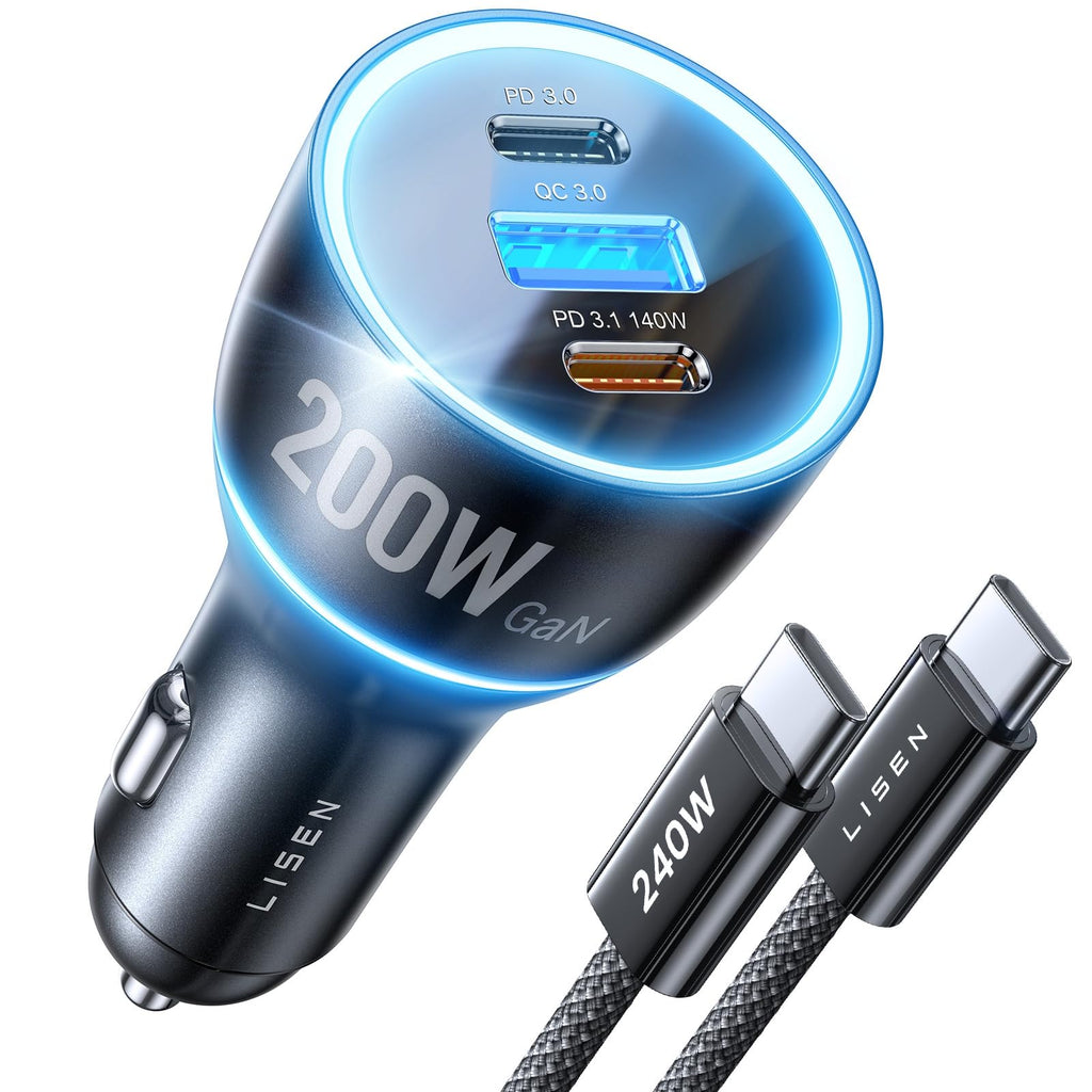 LISEN 200W GaN USB-C Fast Car Charger with 140W PD