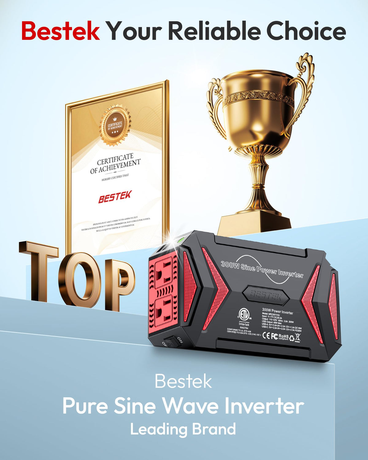 BESTEK 300W Pure Sine Wave Car Power Inverter with Dual USB