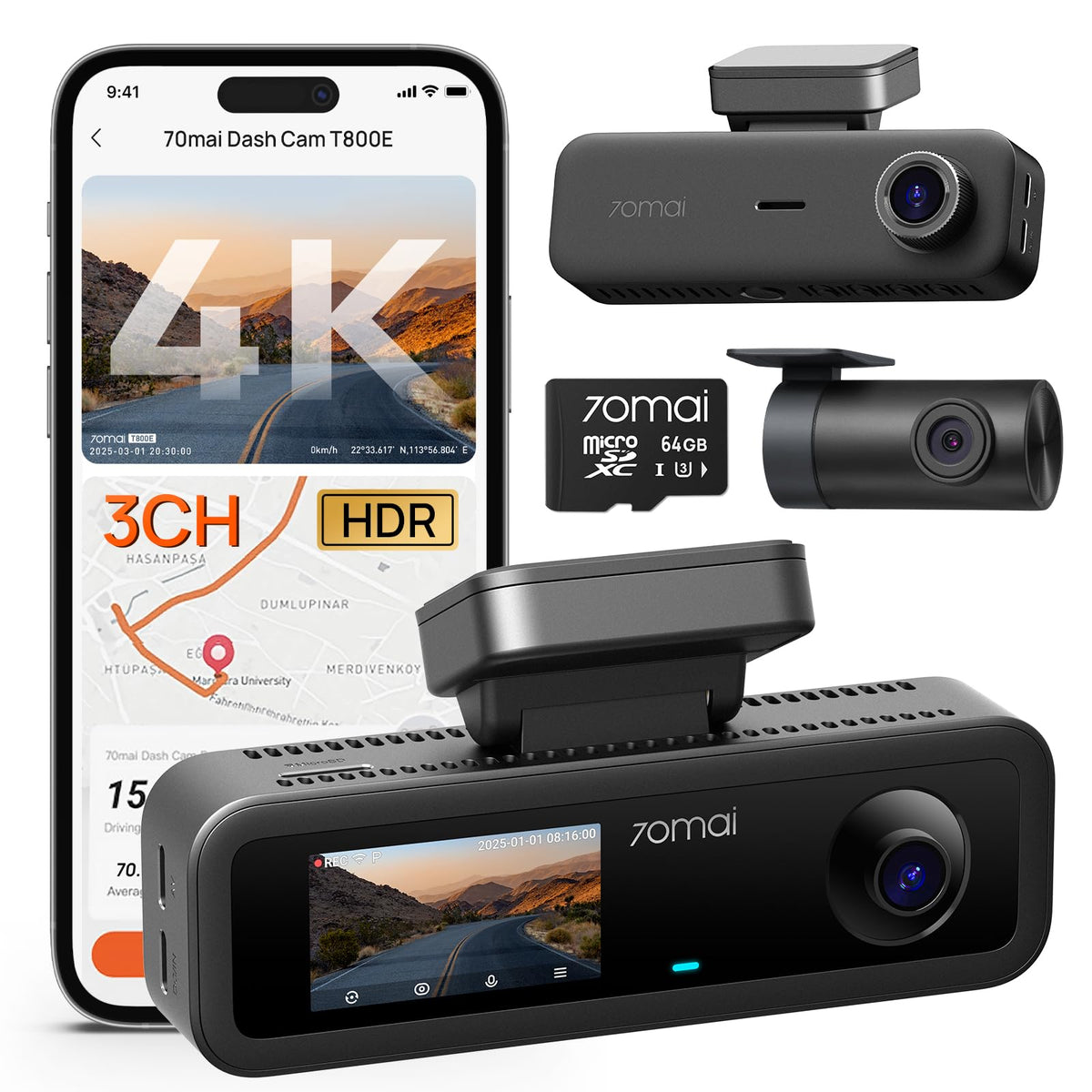 70mai T800E 4K 3-Channel Dash Cam with GPS & Wi-Fi 6