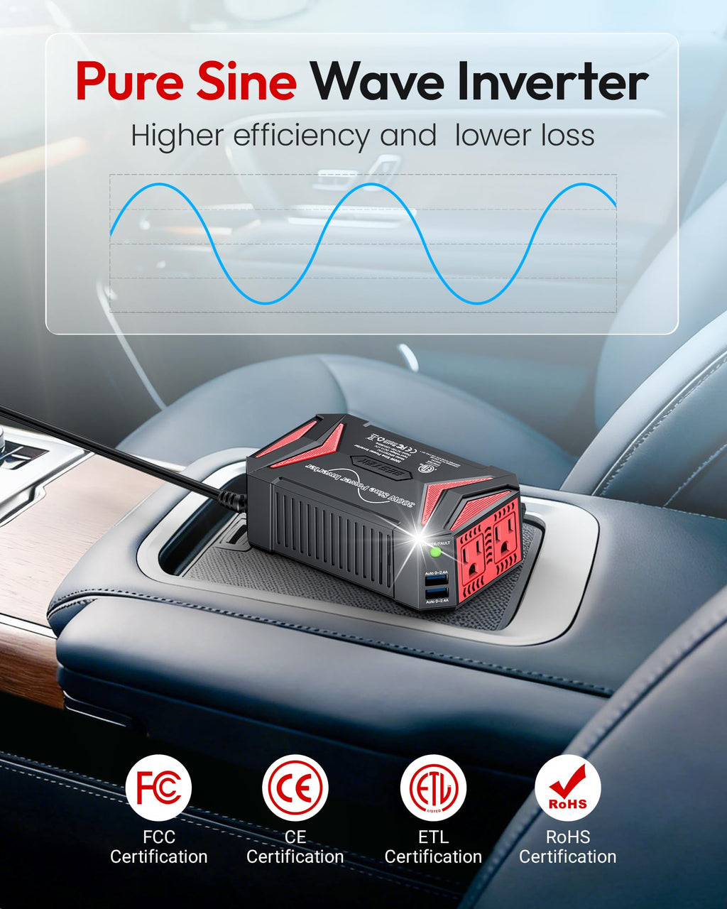 BESTEK 300W Pure Sine Wave Car Power Inverter with Dual USB