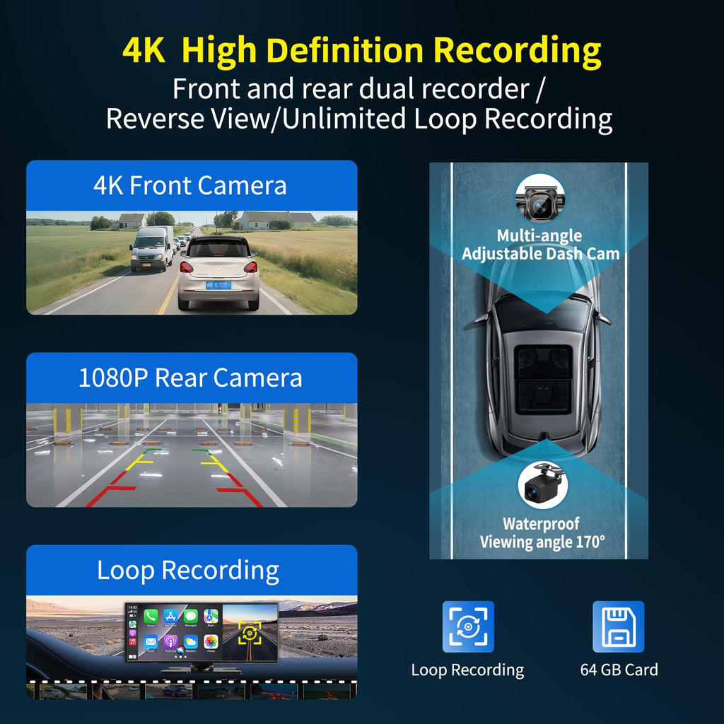 11.5-Inch Wireless CarPlay & Android Auto 4K Dash Cam Screen