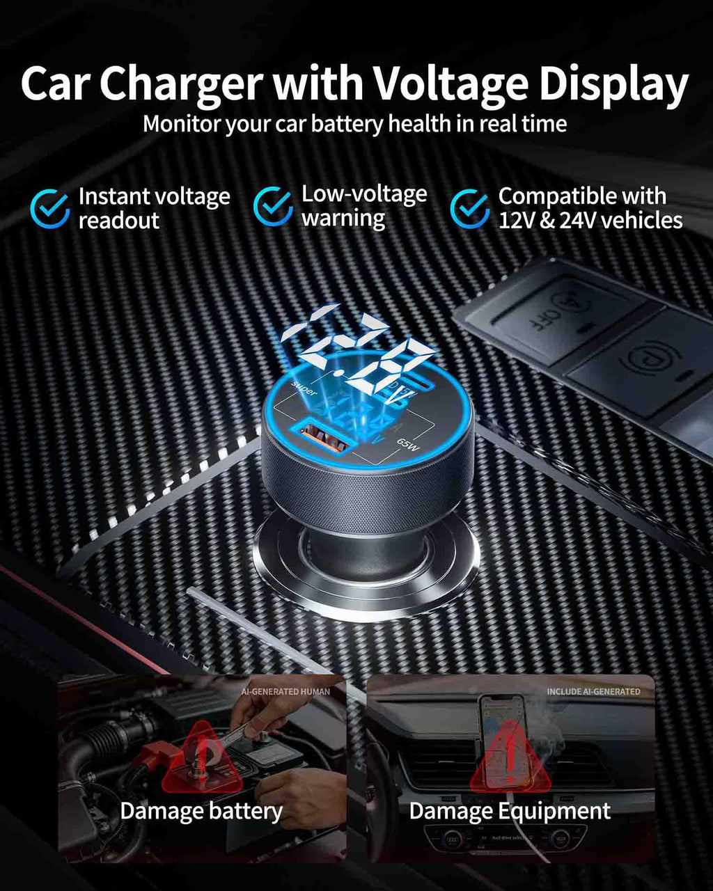 130W 3-Port USB C Fast Car Phone Charger with Voltage Display