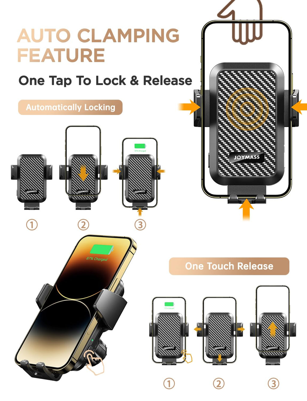 JOYMASS 15W Auto-Clamping Wireless Car Charger Mount