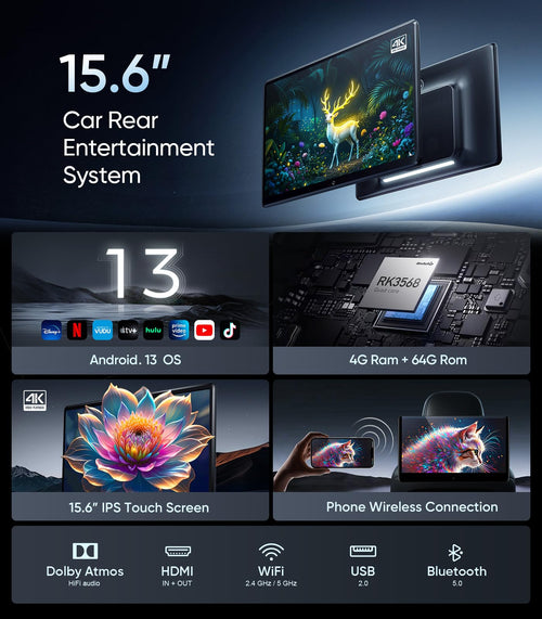 15.6-Inch 4K Android 13 Headrest Monitor with WiFi & HDMI