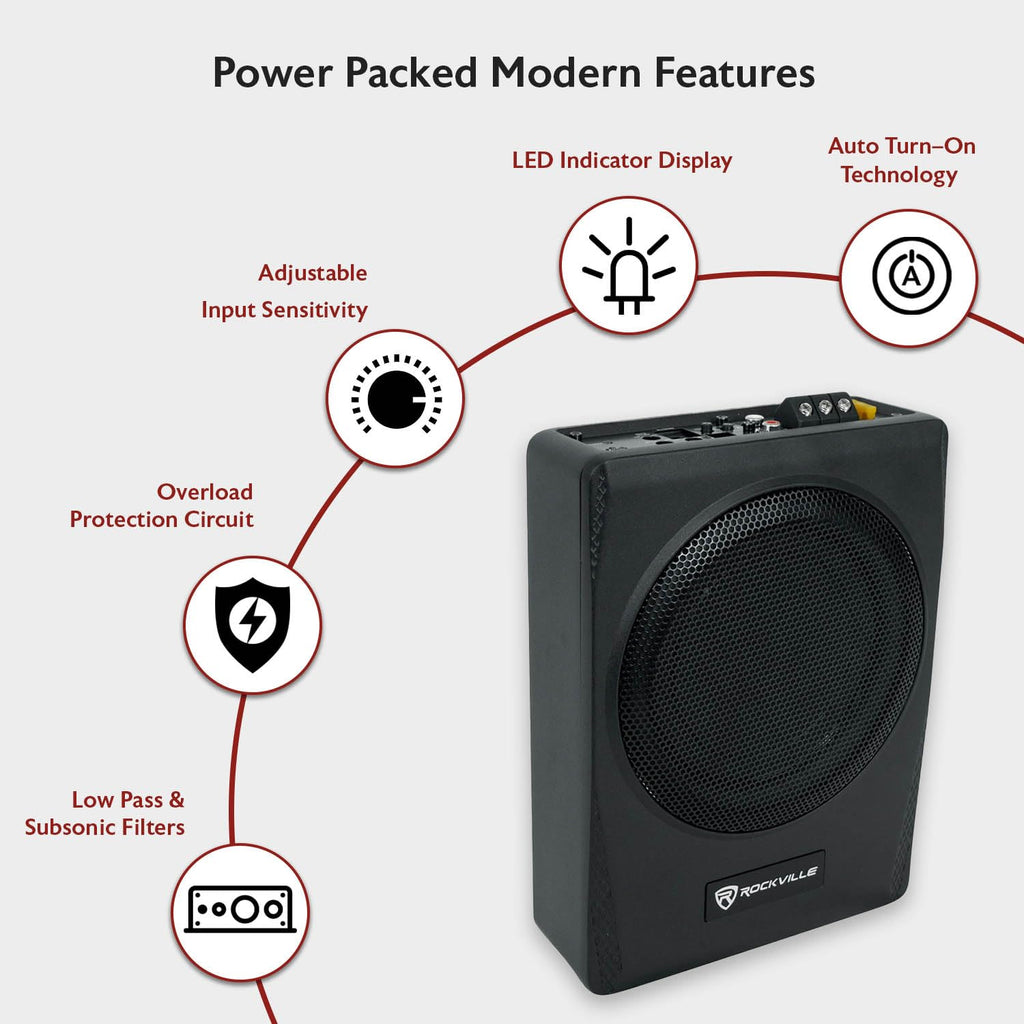 Rockville Slim Under-Seat Powered Subwoofer with Built-In Amp