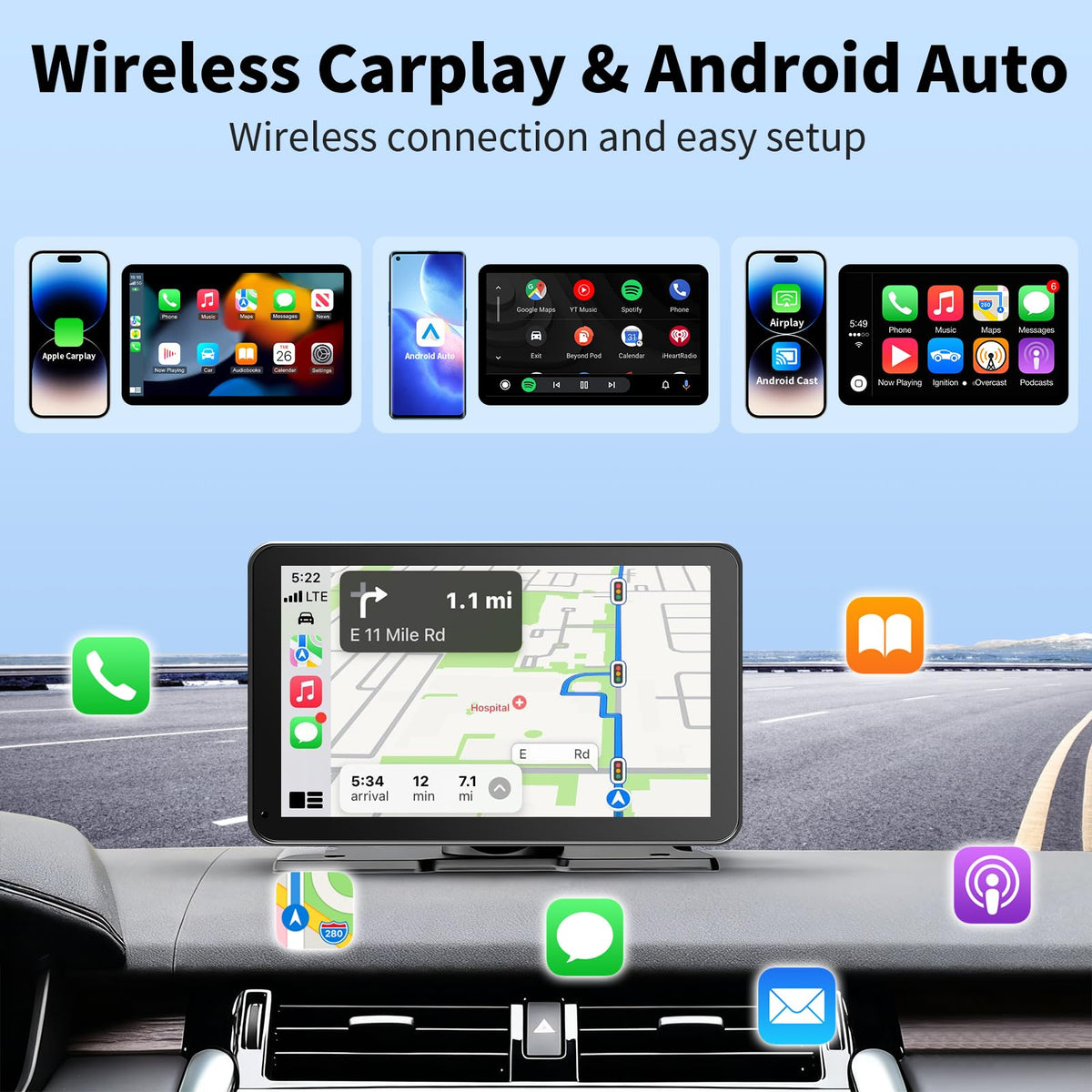 9-Inch Wireless CarPlay & Android Auto Portable Display