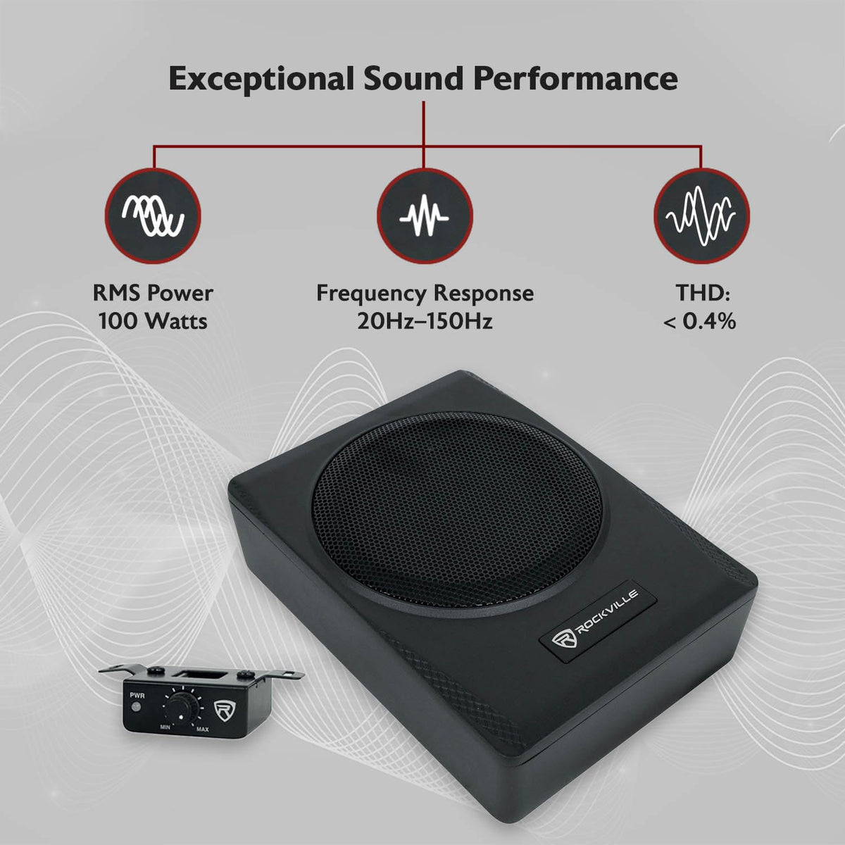 Rockville Slim Under-Seat Powered Subwoofer with Built-In Amp