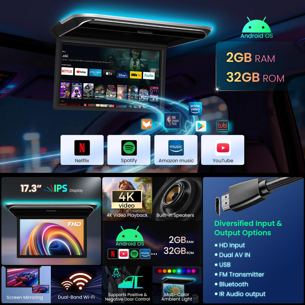 XTRONS 17.3-Inch Android Overhead Car Monitor 2+32GB WiFi HDMI