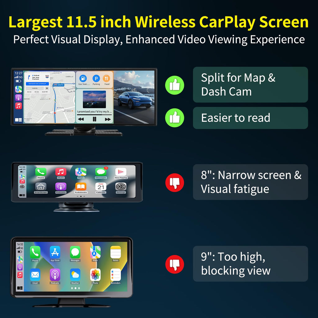 11.5-Inch Wireless CarPlay & Android Auto 4K Dash Cam Screen