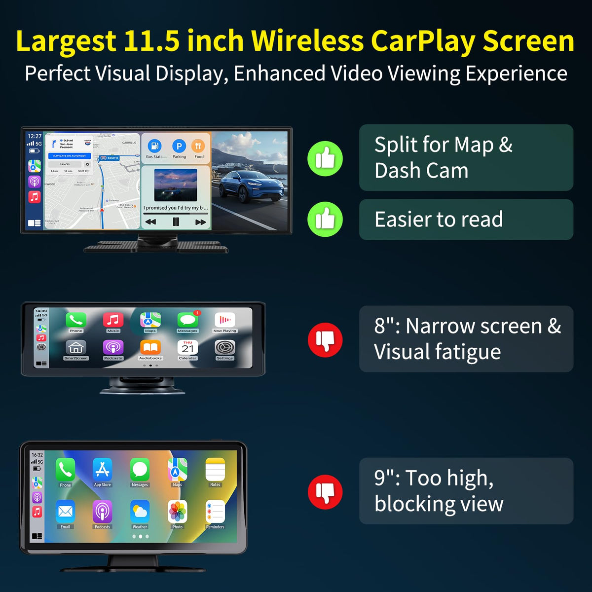 11.5-Inch Wireless CarPlay & Android Auto 4K Dash Cam Screen