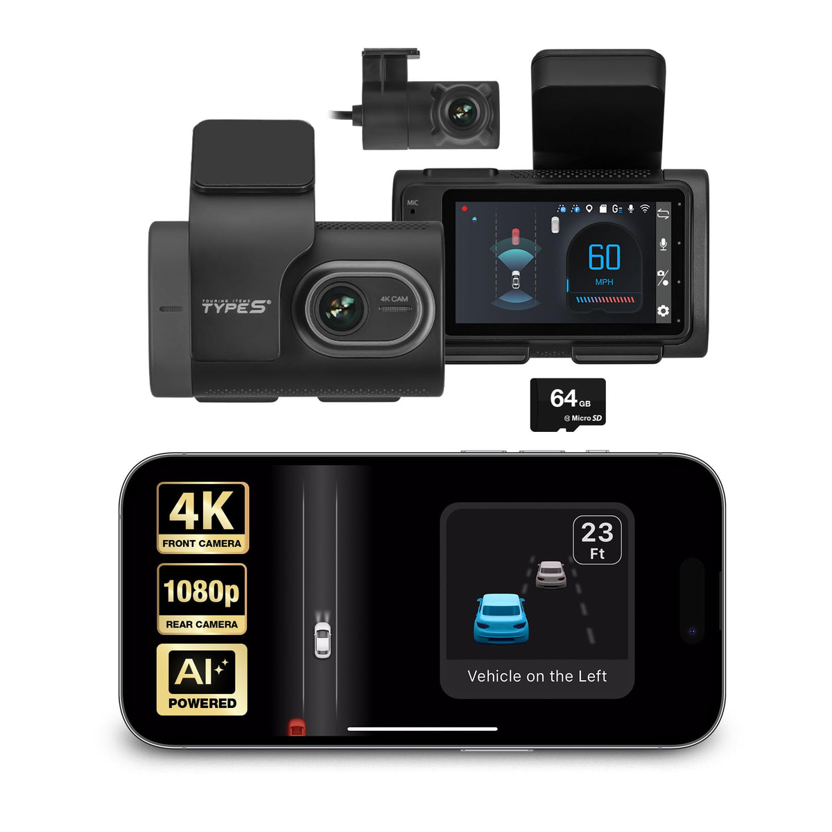 Type S 1440p AI ADAS Dual Dash Cam with Collision Alerts