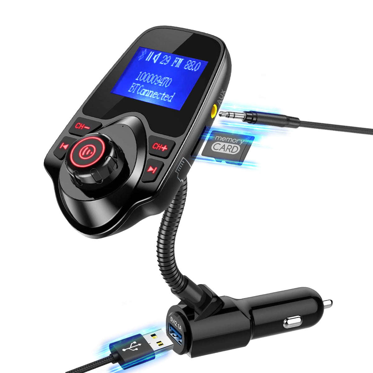 Bluetooth FM Transmitter & Car Audio Adapter - Black
