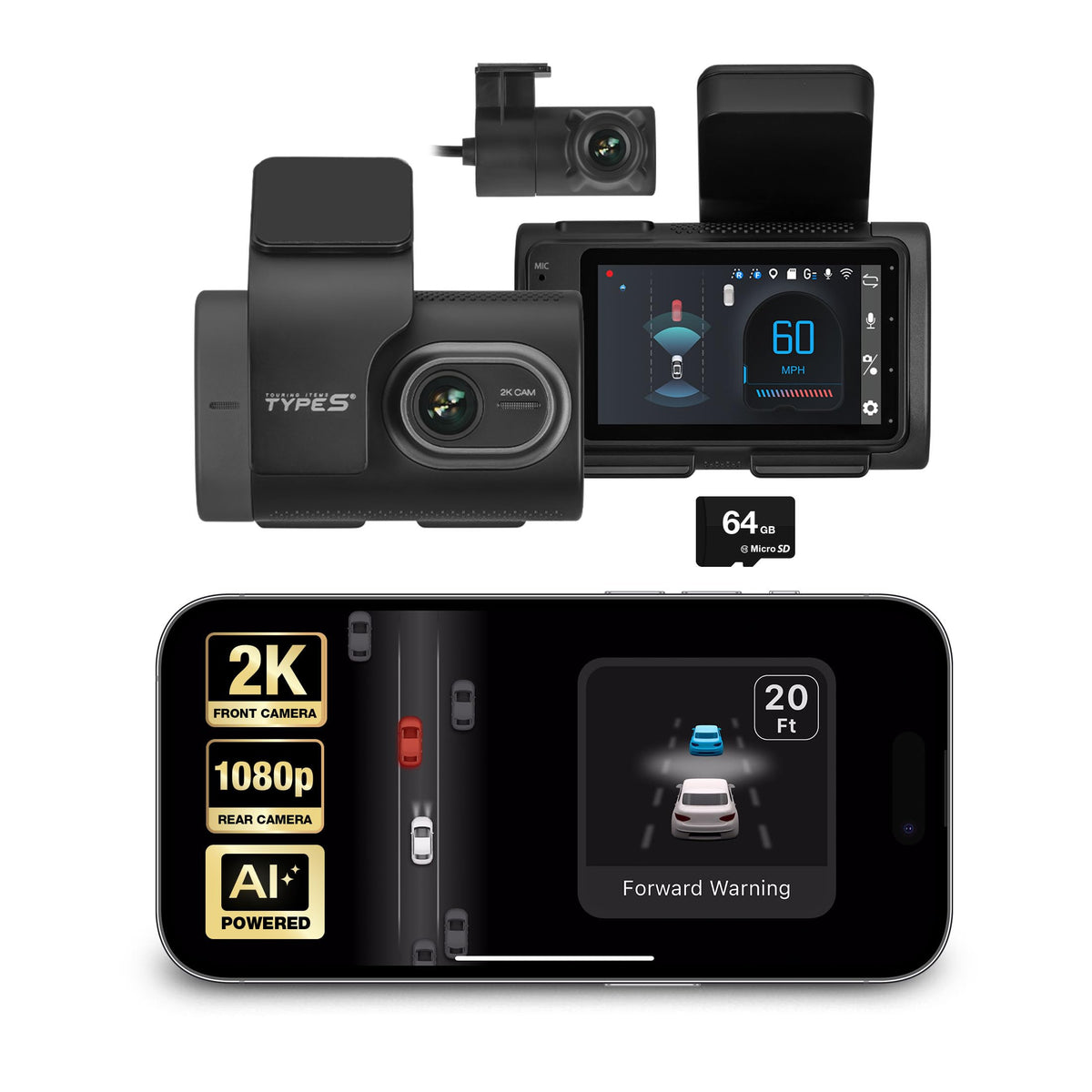 Type S 1440p AI ADAS Dual Dash Cam with Collision Alerts