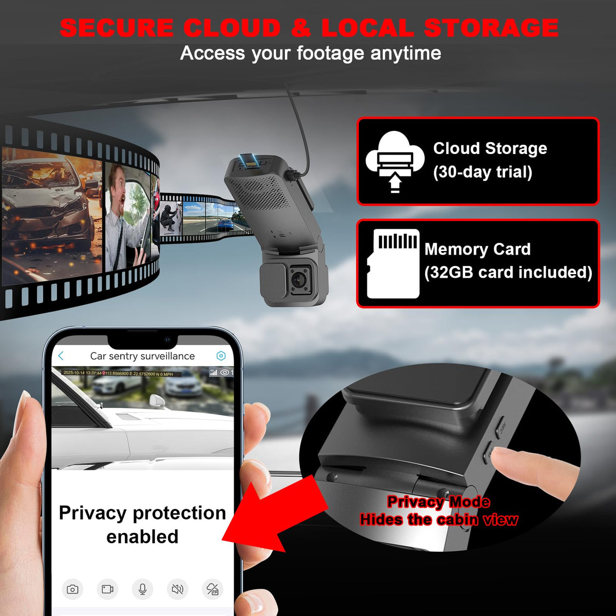 4G LTE Dual-Lens Dash Cam with Cloud Storage & Interior View