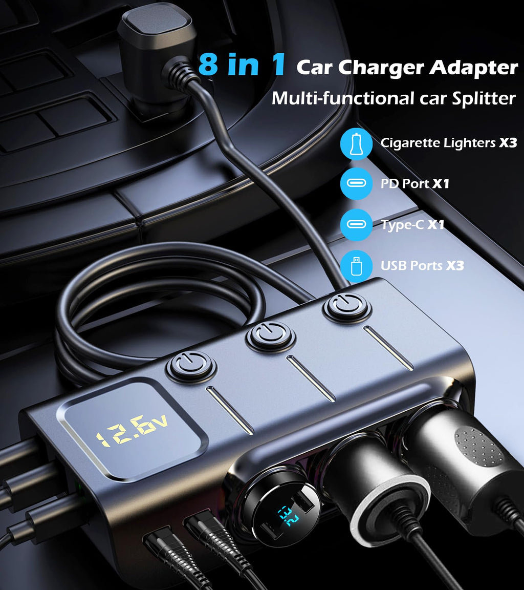 LIHAN 120W 8-in-1 Car Socket Splitter with 5 USB Ports