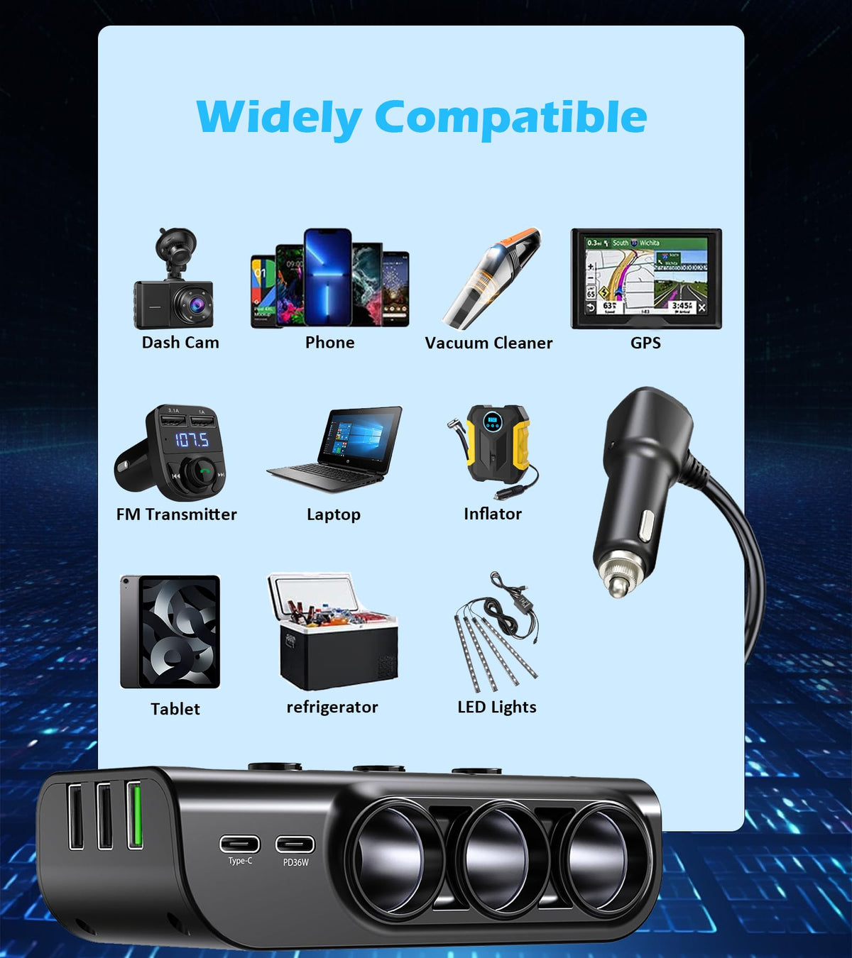 LIHAN 120W 8-in-1 Car Socket Splitter with 5 USB Ports