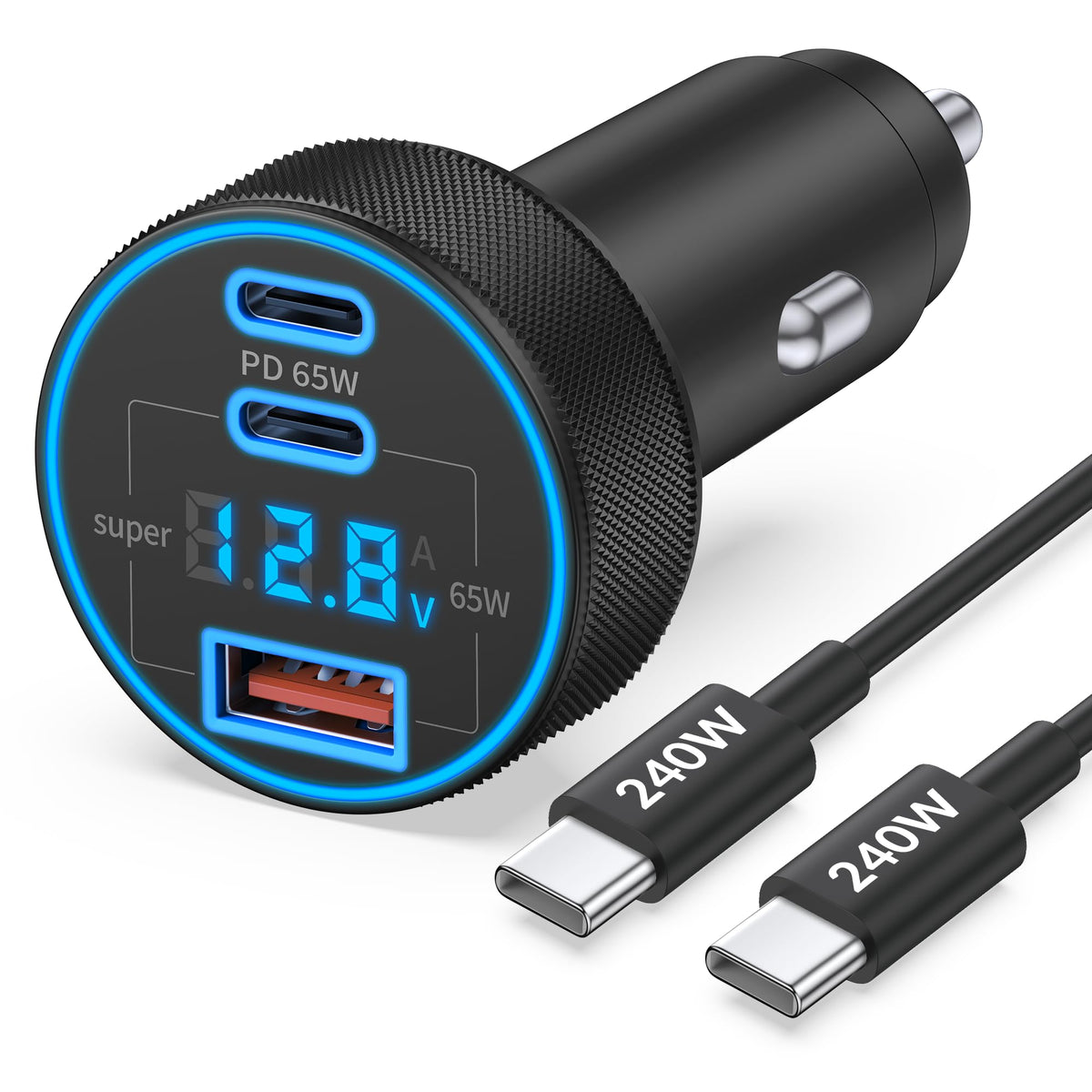 130W 3-Port USB C Fast Car Phone Charger with Voltage Display