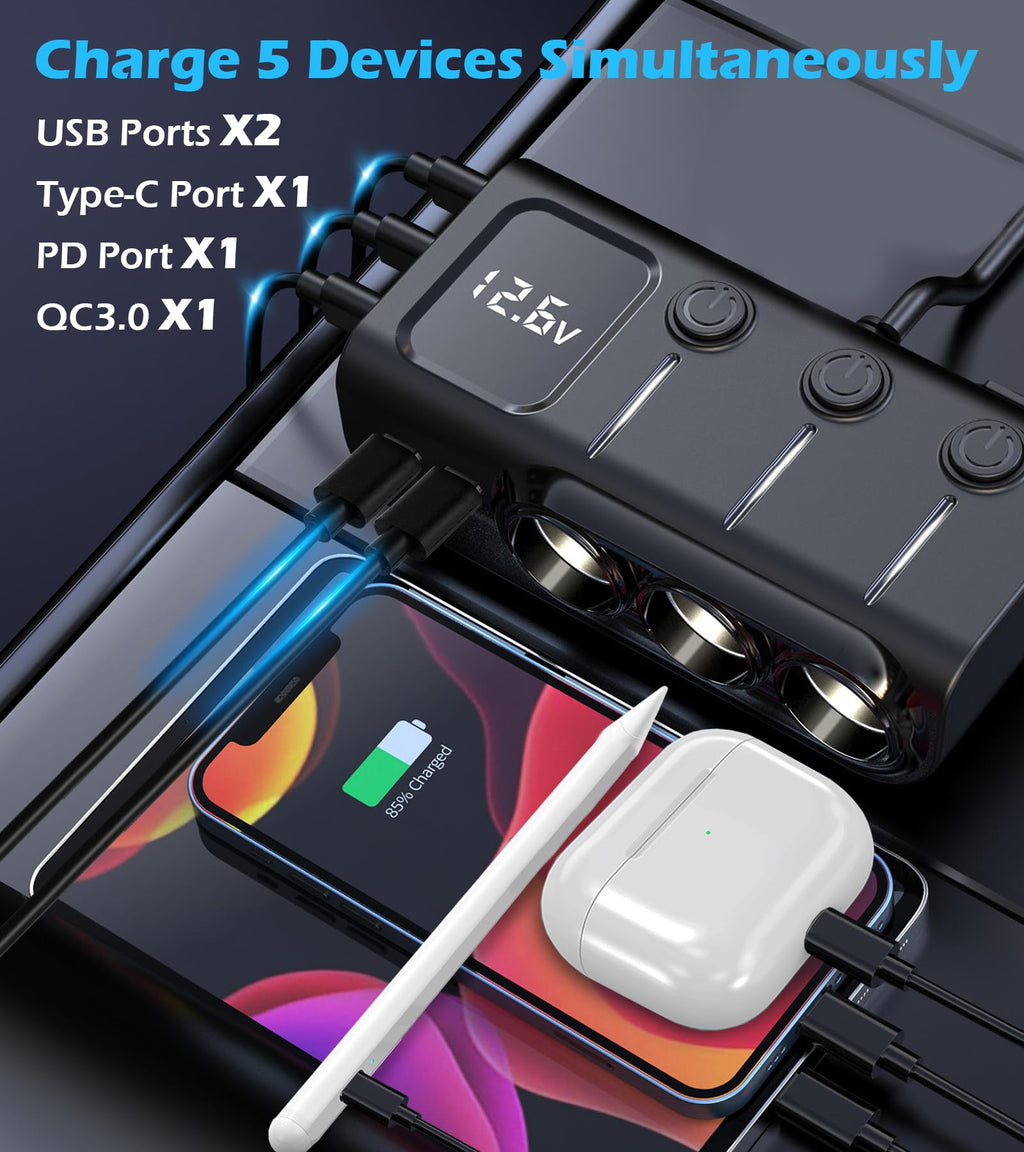 LIHAN 120W 8-in-1 Car Socket Splitter with 5 USB Ports