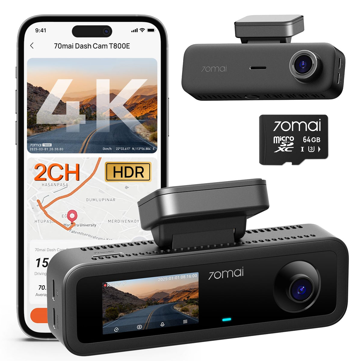 70mai T800E 4K 3-Channel Dash Cam with GPS & Wi-Fi 6