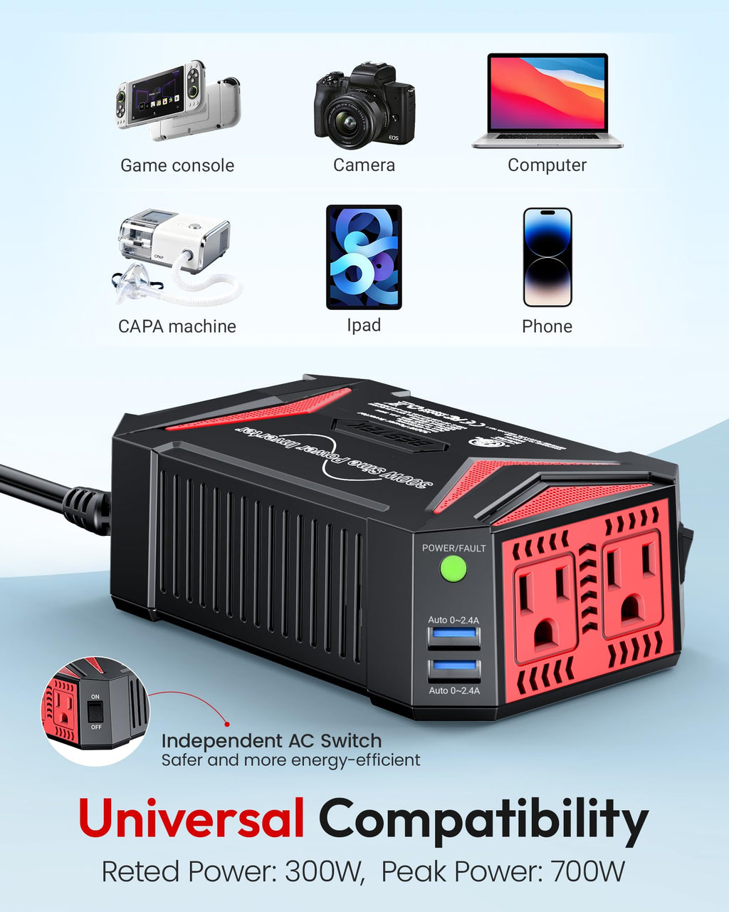 BESTEK 300W Pure Sine Wave Car Power Inverter with Dual USB