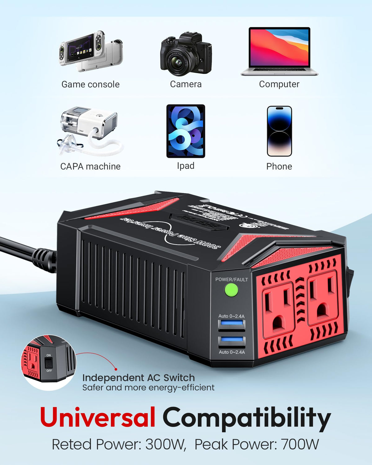 BESTEK 300W Pure Sine Wave Car Power Inverter with Dual USB