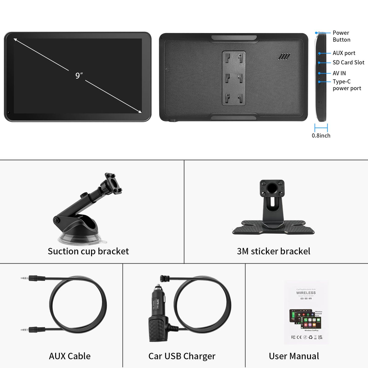 9-Inch Wireless CarPlay & Android Auto Portable Display