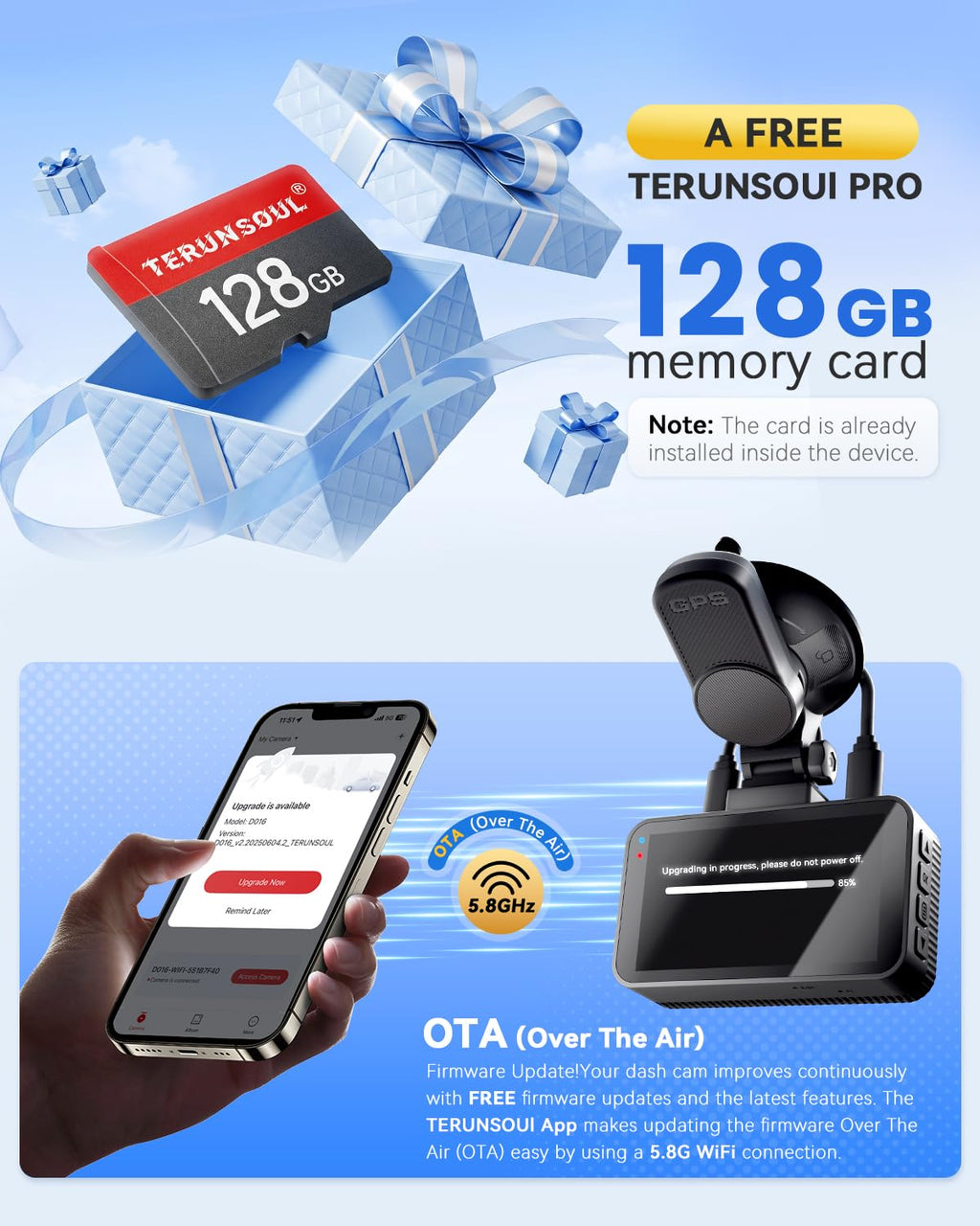 Terunsoul 4K+4K Dual Dash Cam with WiFi 6 & 128GB Card