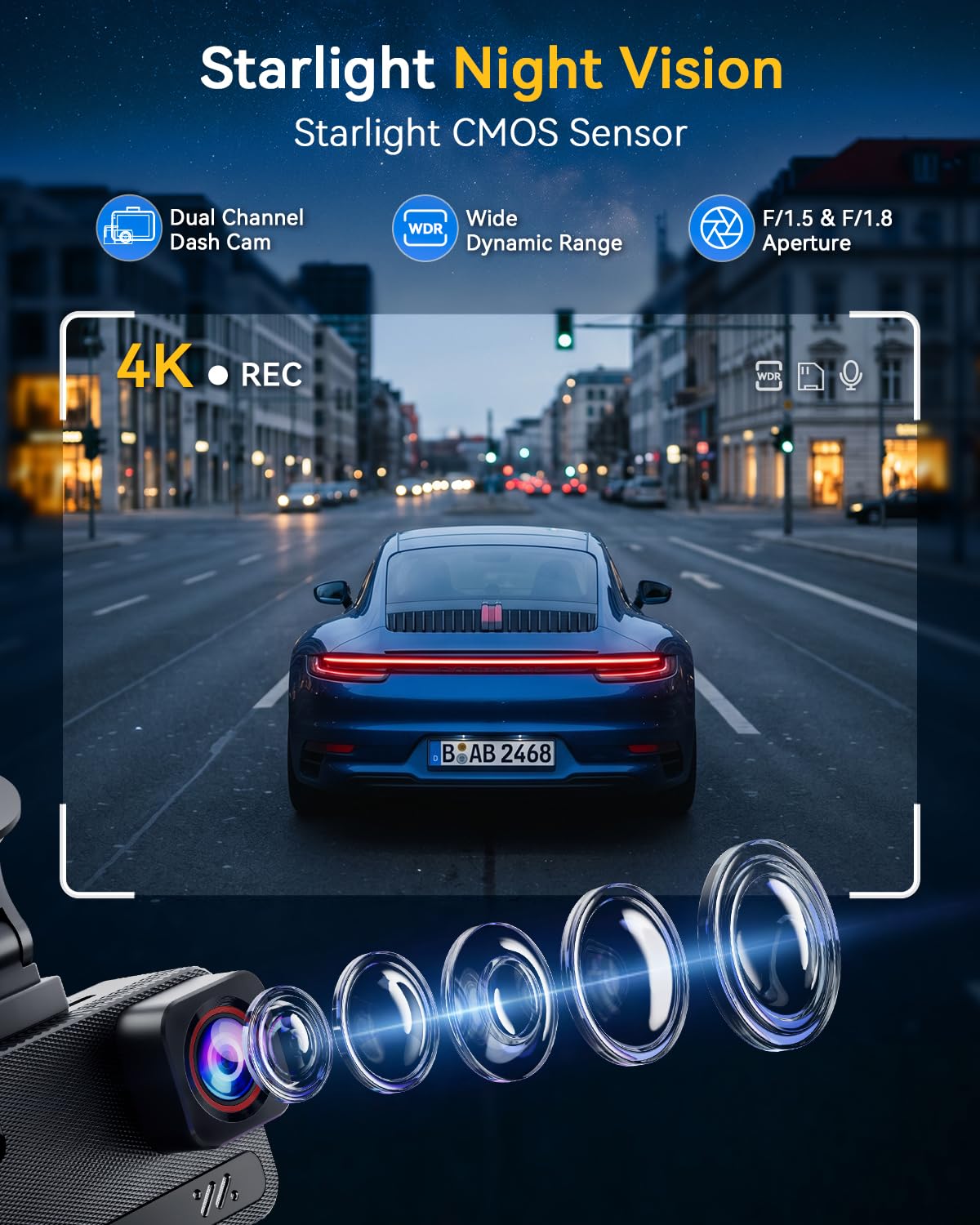 Terunsoul 4K+4K Dual Dash Cam with WiFi 6 & 128GB Card