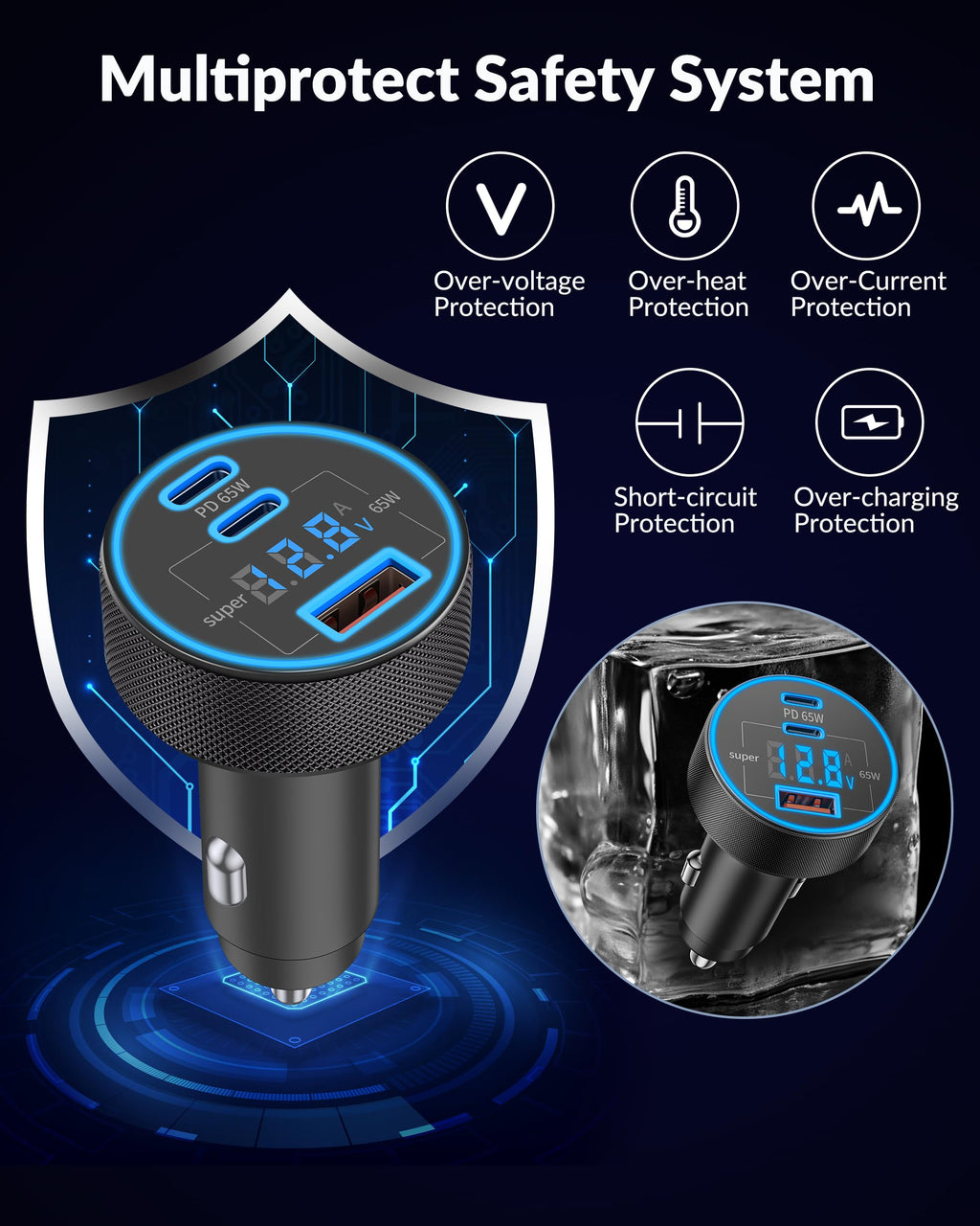 130W 3-Port USB C Fast Car Phone Charger with Voltage Display