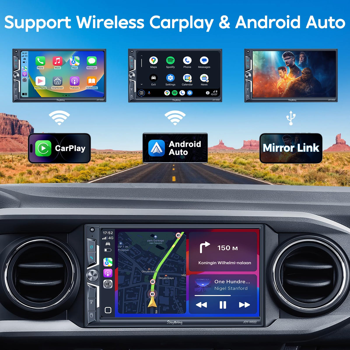 SJoyBring Wireless Double-DIN Stereo with CarPlay & Android Auto