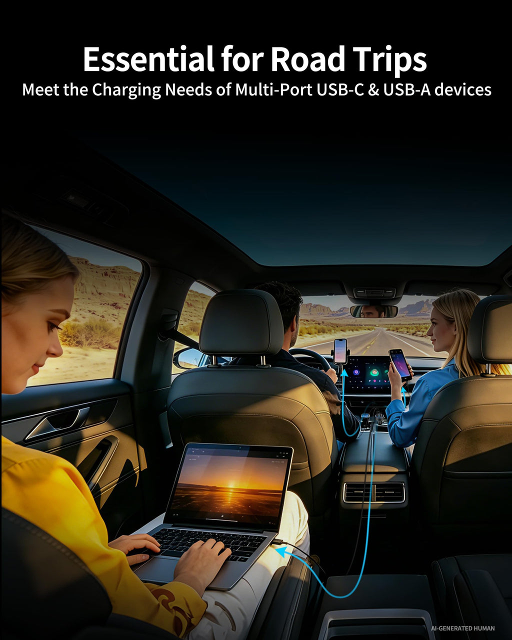 130W 3-Port USB C Fast Car Phone Charger with Voltage Display
