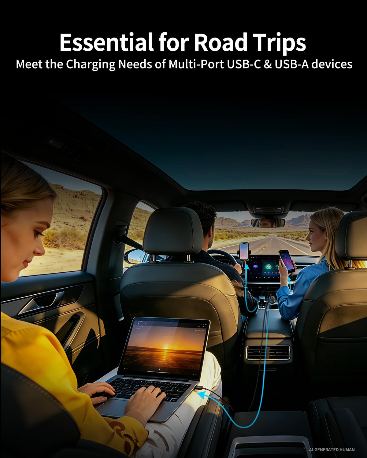 130W 3-Port USB C Fast Car Phone Charger with Voltage Display