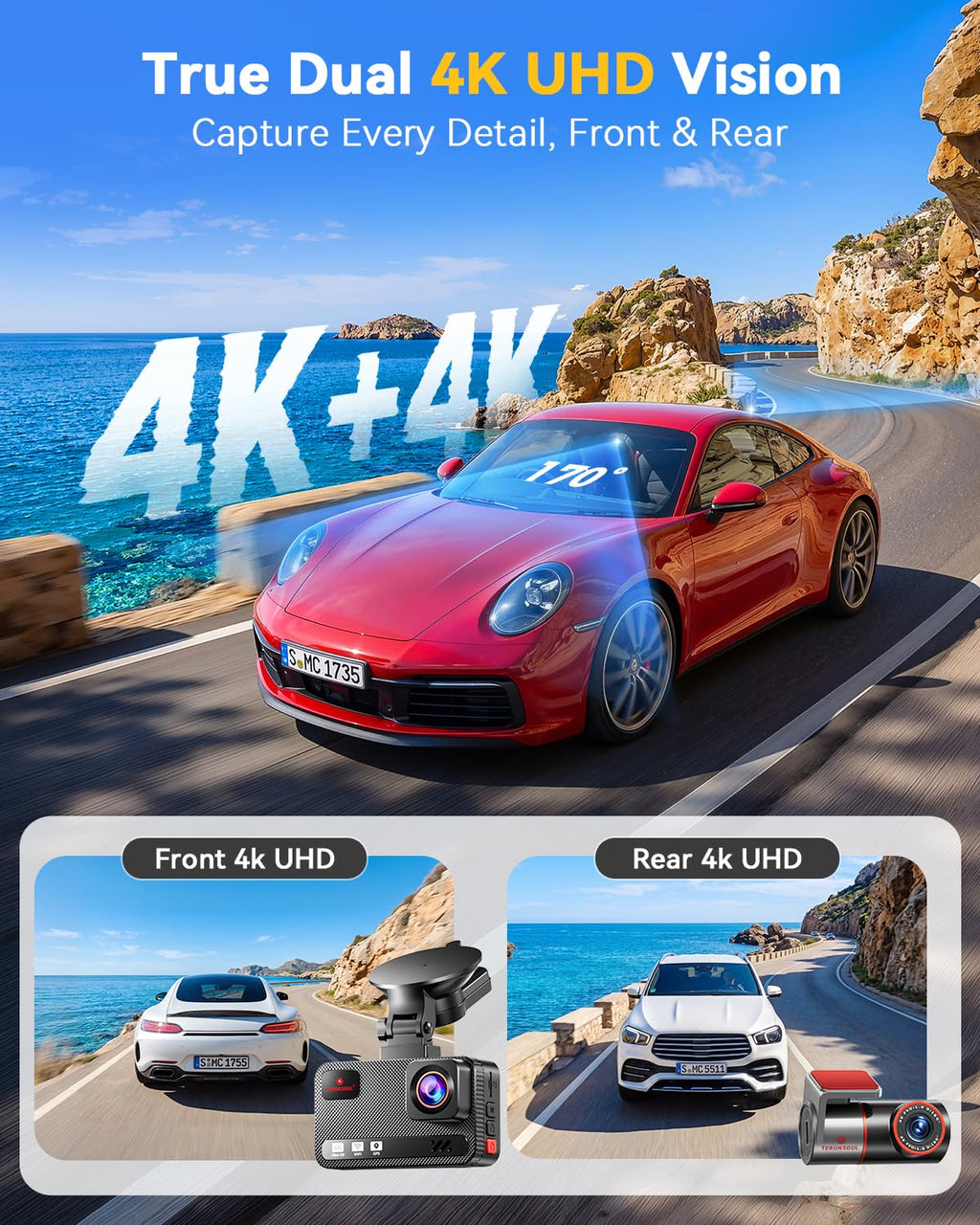 Terunsoul 4K+4K Dual Dash Cam with WiFi 6 & 128GB Card