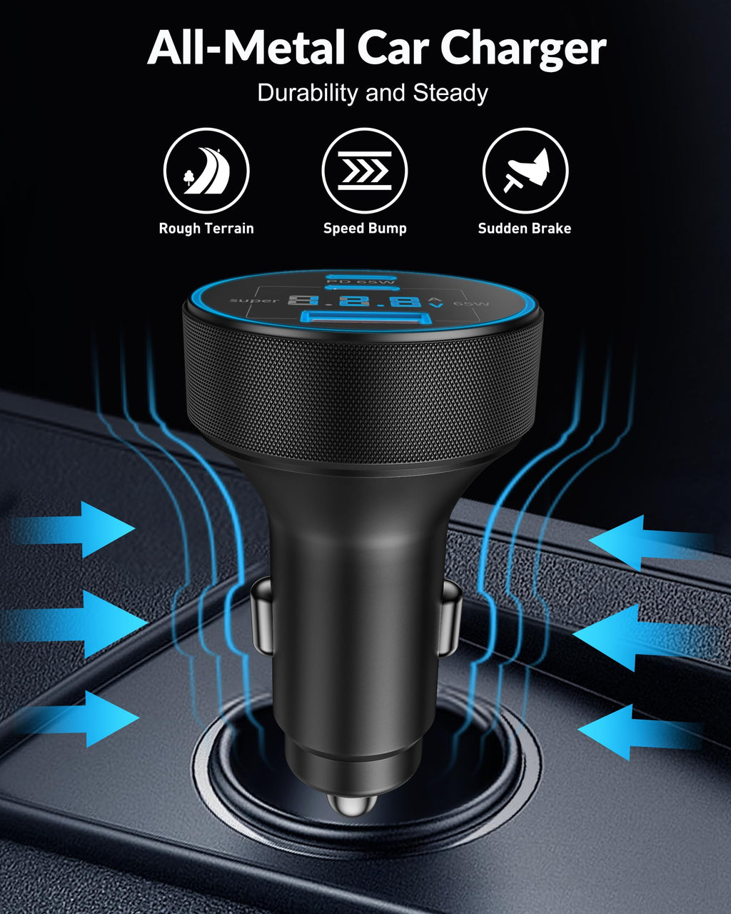 130W 3-Port USB C Fast Car Phone Charger with Voltage Display