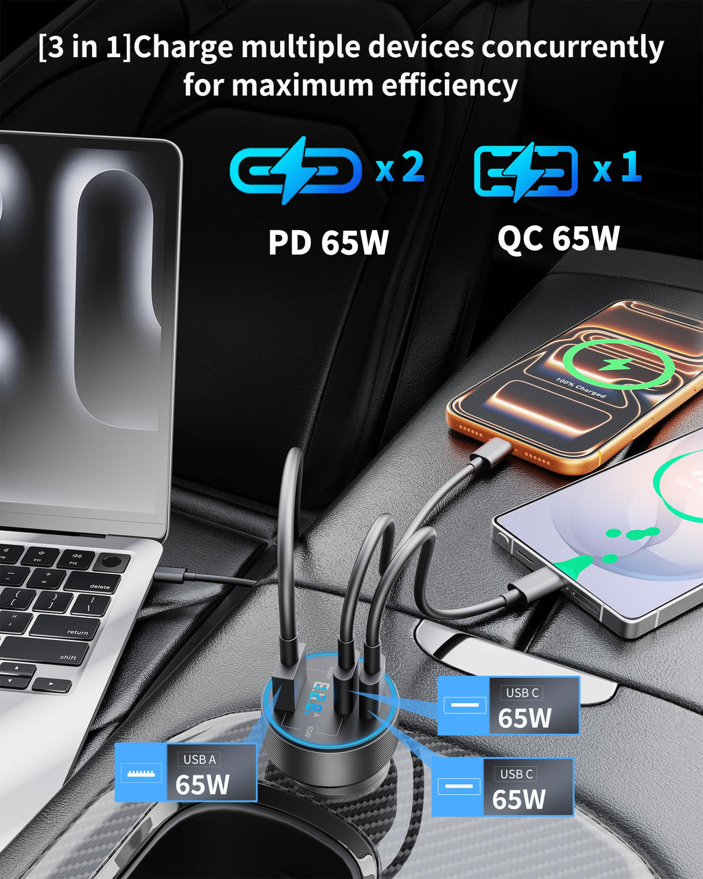 130W 3-Port USB C Fast Car Phone Charger with Voltage Display